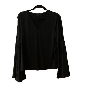 Express Women's Blouse Black Small Petite V-Neck Long Bell Sleeve w/ Ties Boho